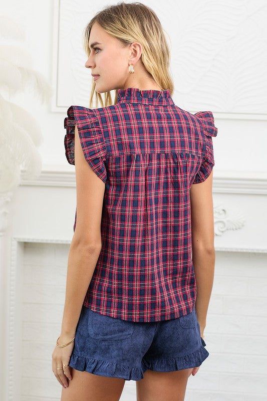 Plaid Sleeveless Top With Ruffle Detail