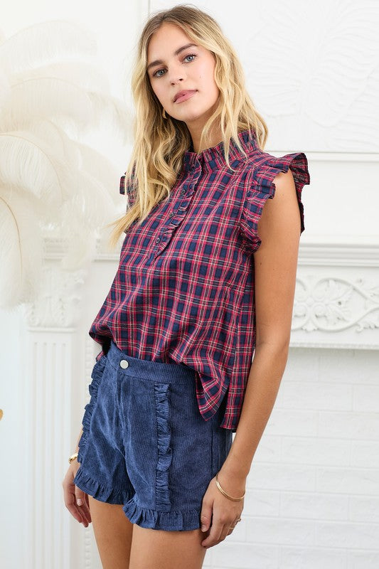 Plaid Sleeveless Top With Ruffle Detail