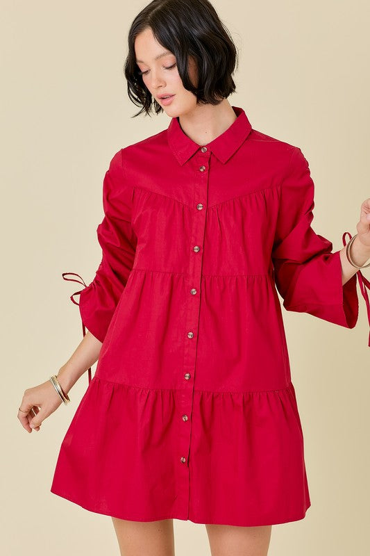 Multi Tiered Shirt Dress W/ Adjustable Sleeves