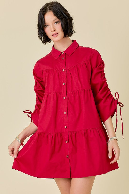 Multi Tiered Shirt Dress W/ Adjustable Sleeves