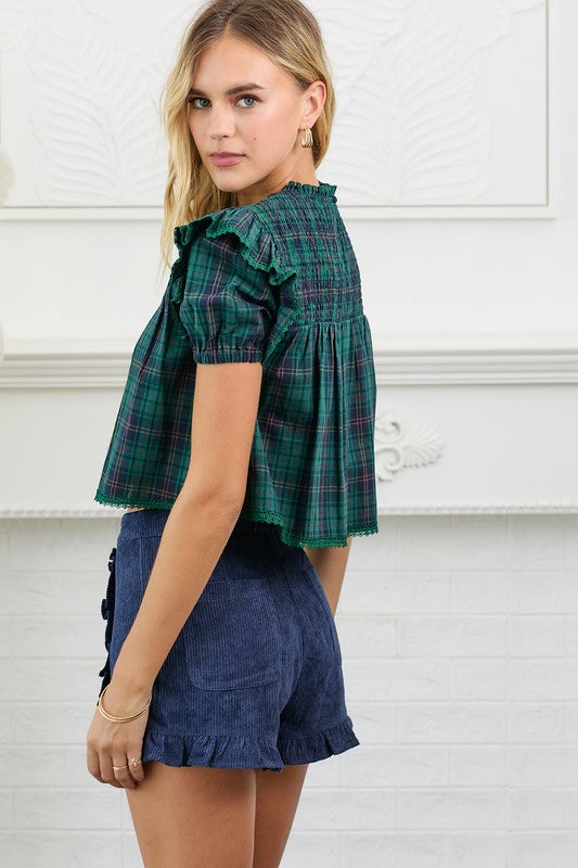 Plaid Puff Short Sleeve Crop Top W/ Smocking Trims