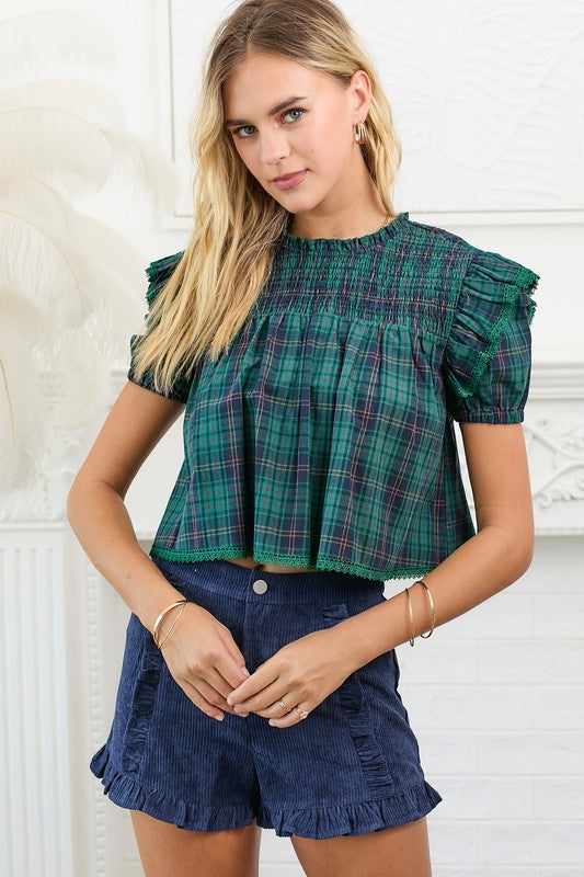 Plaid Puff Short Sleeve Crop Top W/ Smocking Trims