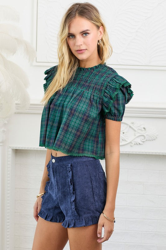 Plaid Puff Short Sleeve Crop Top W/ Smocking Trims