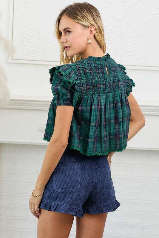 Plaid Puff Short Sleeve Crop Top W/ Smocking Trims