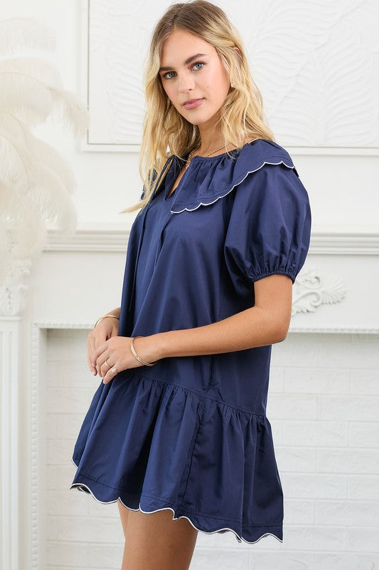 Scalloped Edge Poplin Puff Sleeve Mini Dress