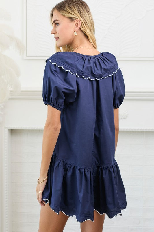 Scalloped Edge Poplin Puff Sleeve Mini Dress