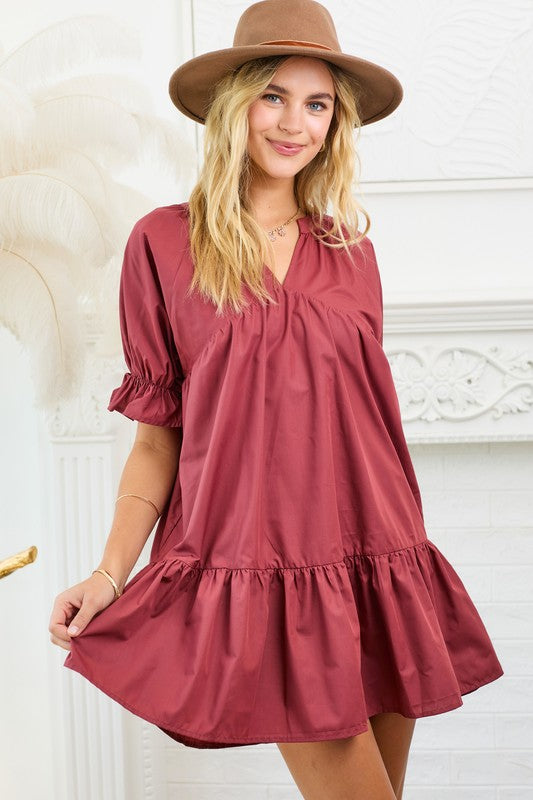 Poplin Madarin Neck Dress With Mini Ruffle Sleeves