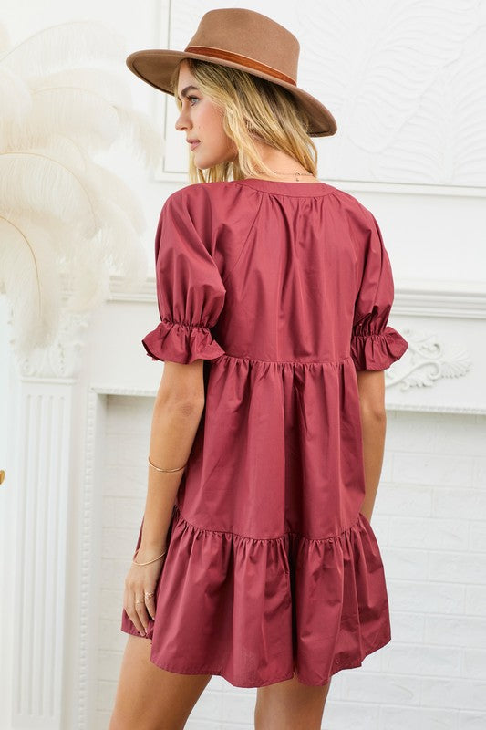 Poplin Madarin Neck Dress With Mini Ruffle Sleeves