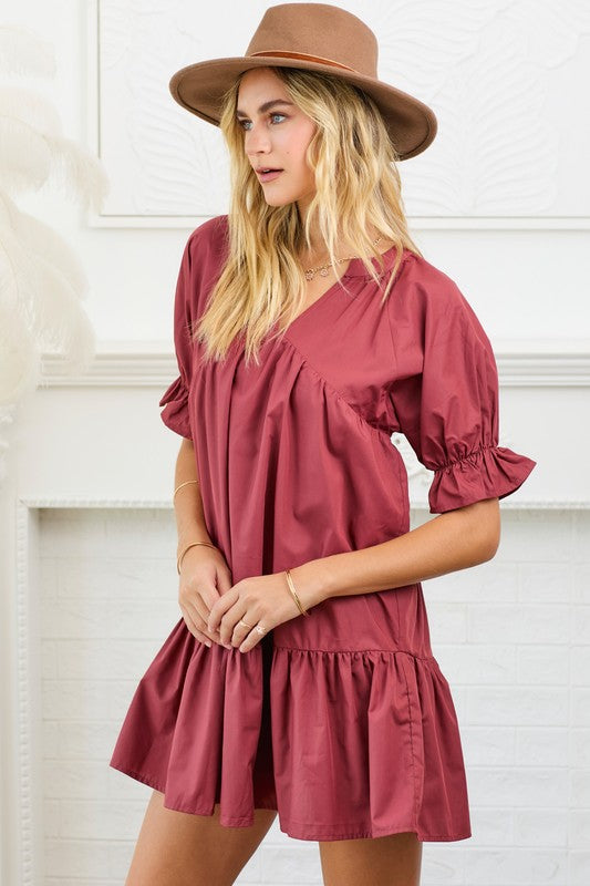 Poplin Madarin Neck Dress With Mini Ruffle Sleeves