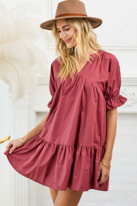 Poplin Madarin Neck Dress With Mini Ruffle Sleeves