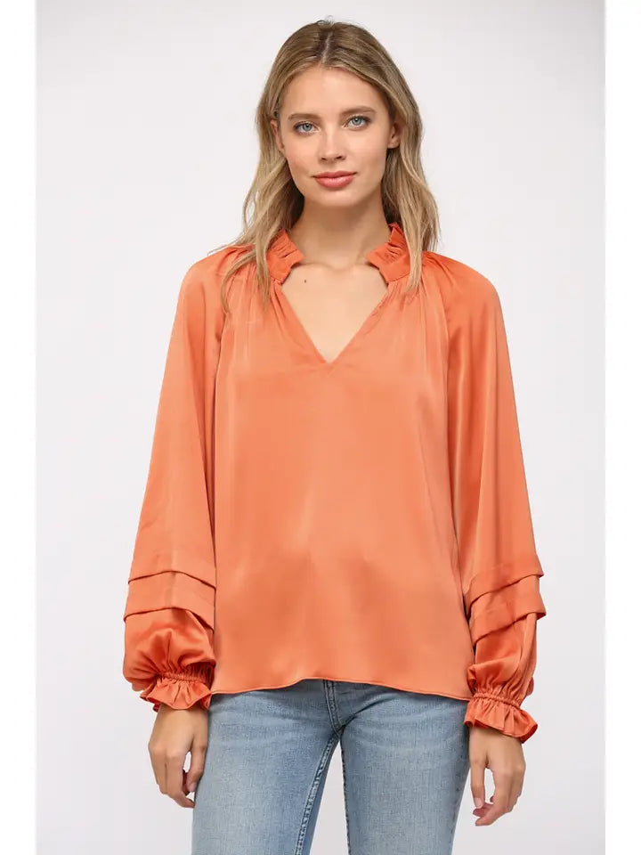 Tucked Detail Ballon Sleeve Split Neck Blouse