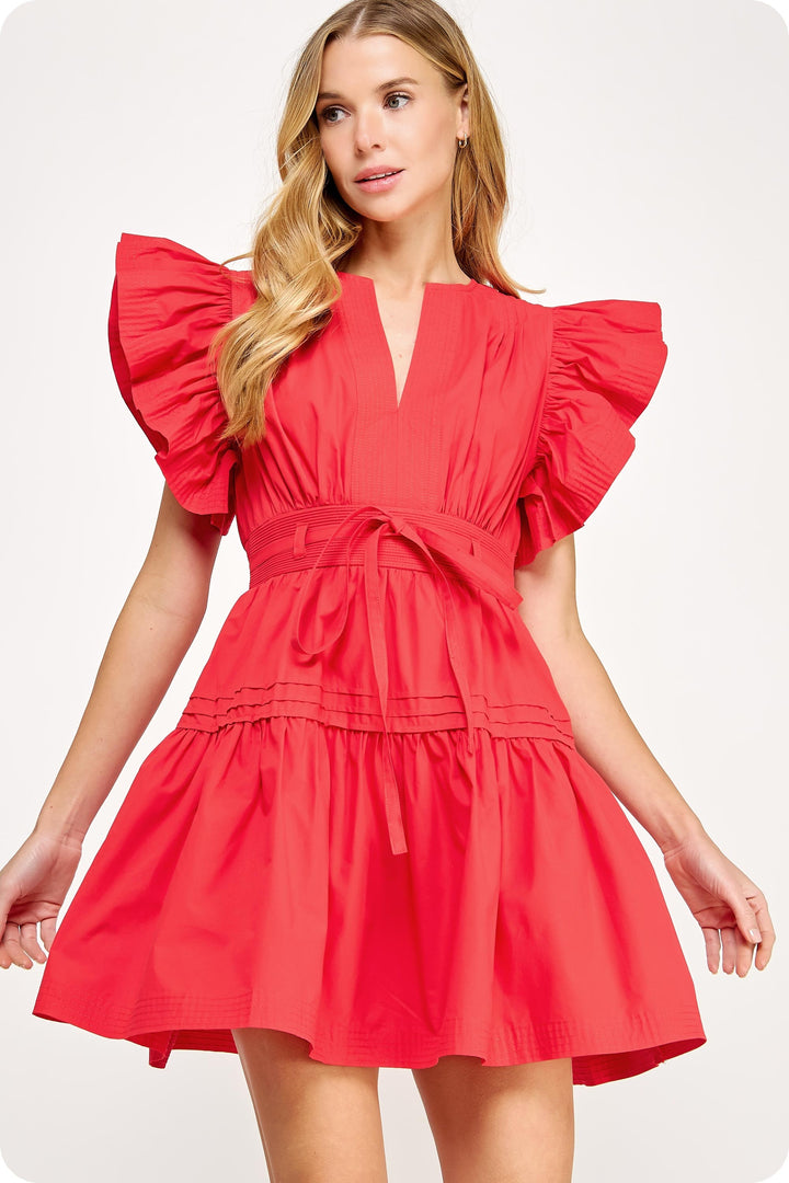 Flutter Sleeve Poplin Mini Red Dress
