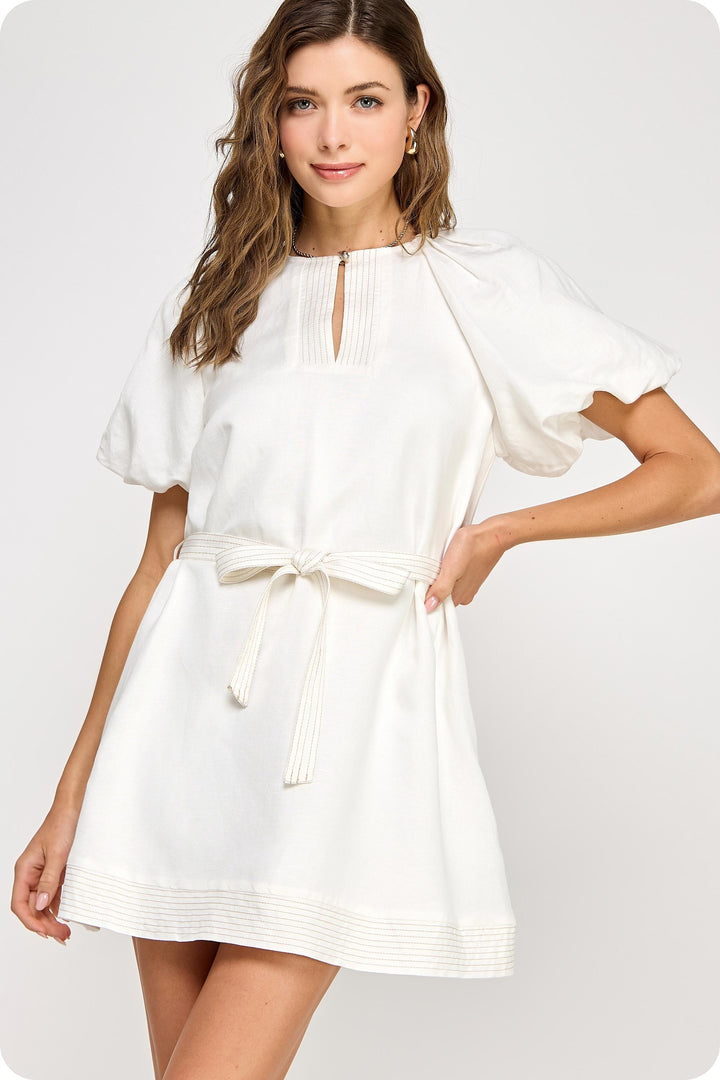 Seashell Puff Sleeve Off-White Dress
