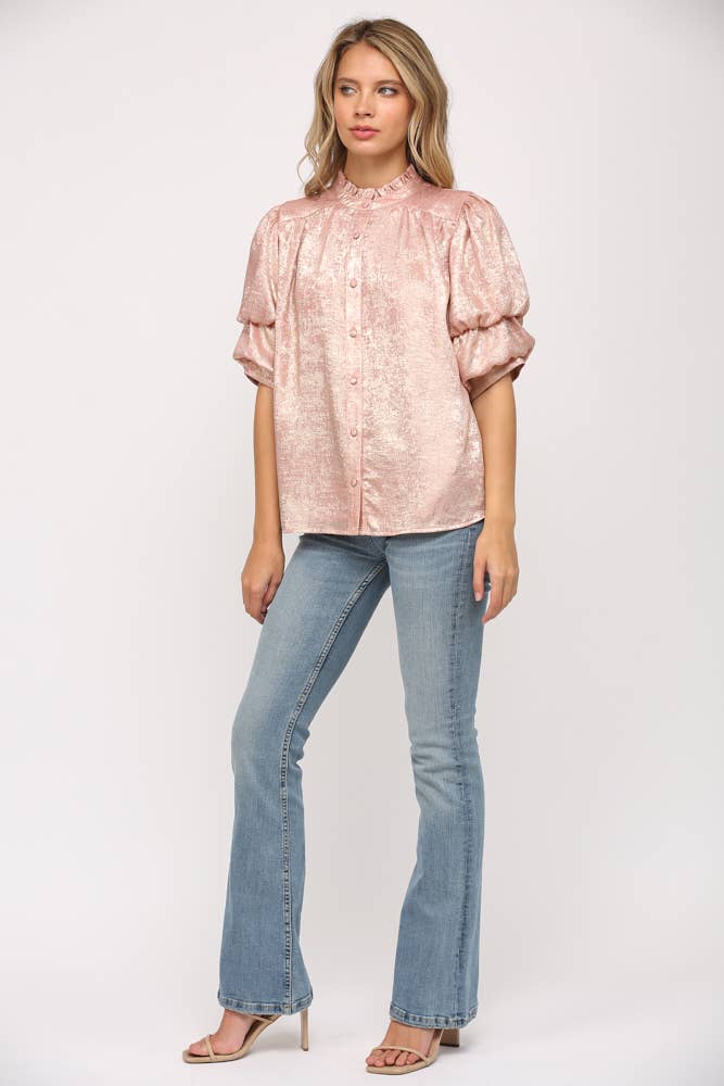 Foiled Woven Fabric Short Tiered Sleeve Blouse