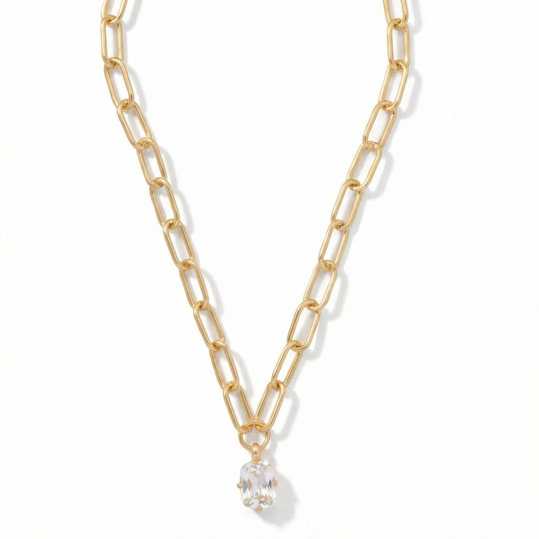 10k Gold Plated Chunky Paperclip Chain & Crystal Necklace