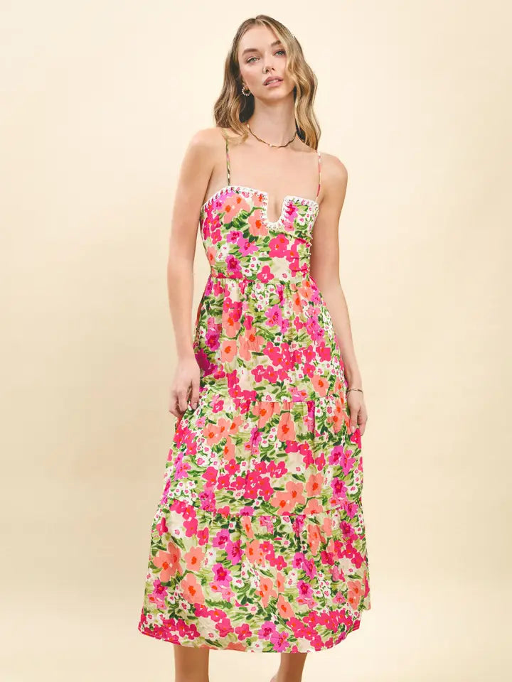 Floral Print Contrasting Stitch Detail Midi Dress