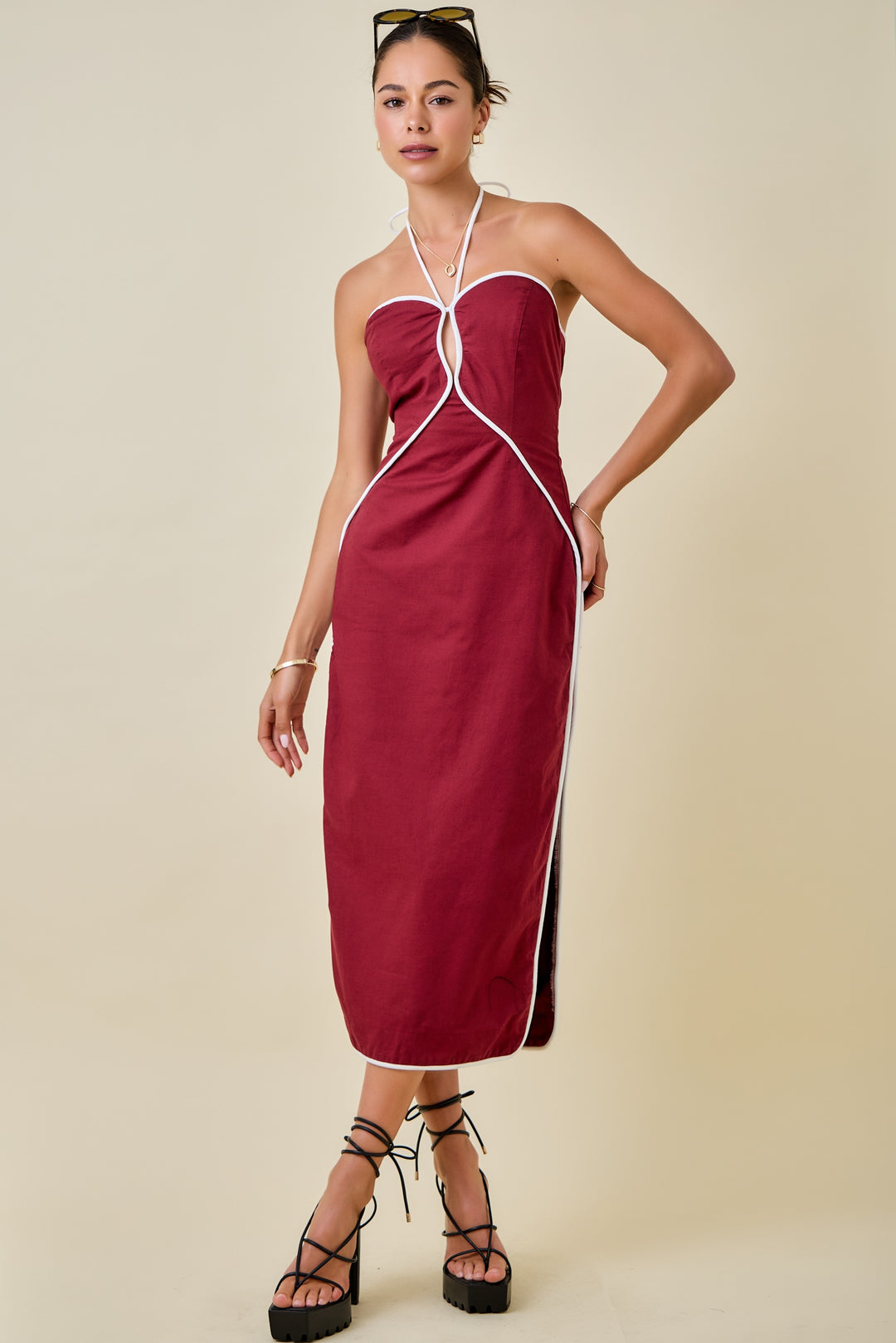 Halter Neck Cutout Midi Dress W/ Contrast Piping