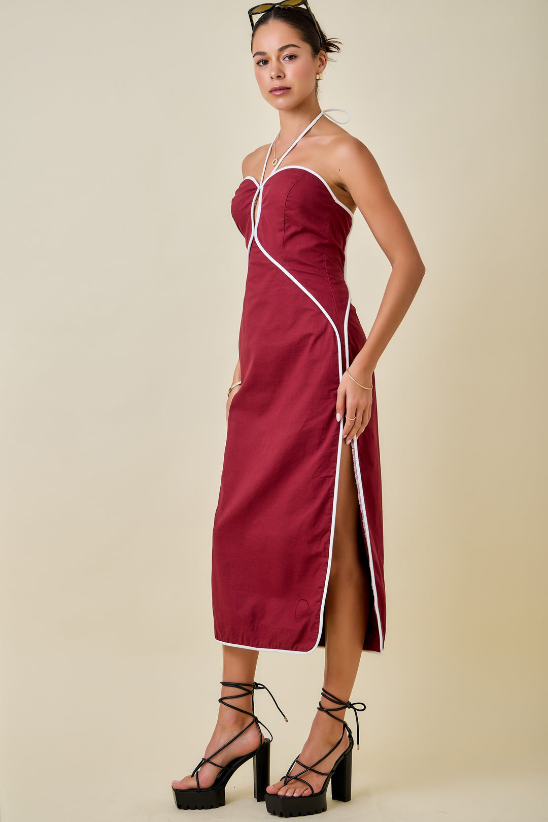 Halter Neck Cutout Midi Dress W/ Contrast Piping