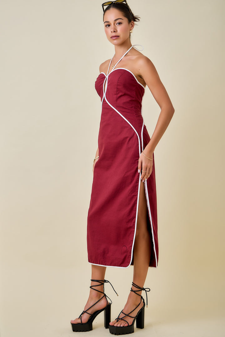 Halter Neck Cutout Midi Dress W/ Contrast Piping