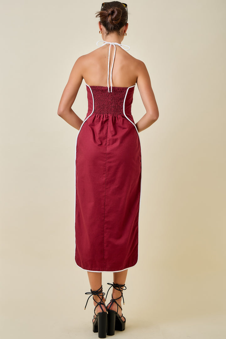 Halter Neck Cutout Midi Dress W/ Contrast Piping