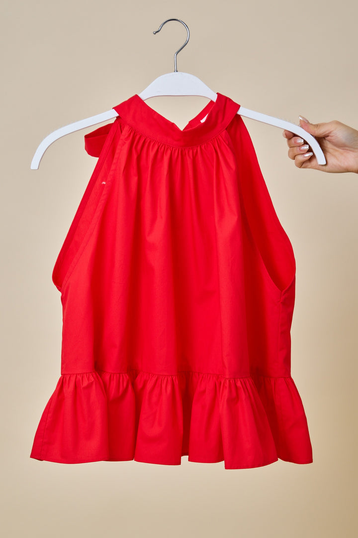 Halter Neck Gathered Peplum Top w/ Back Tie Detail