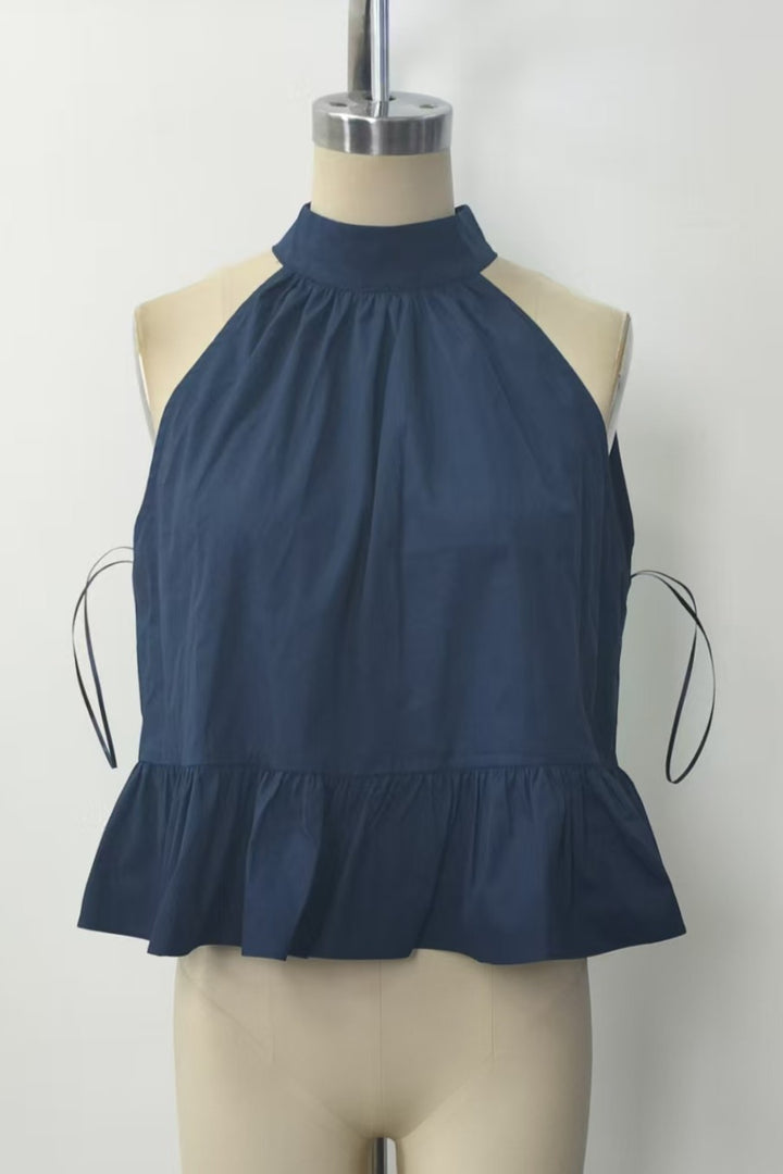 Halter Neck Gathered Peplum Top w/ Back Tie Detail