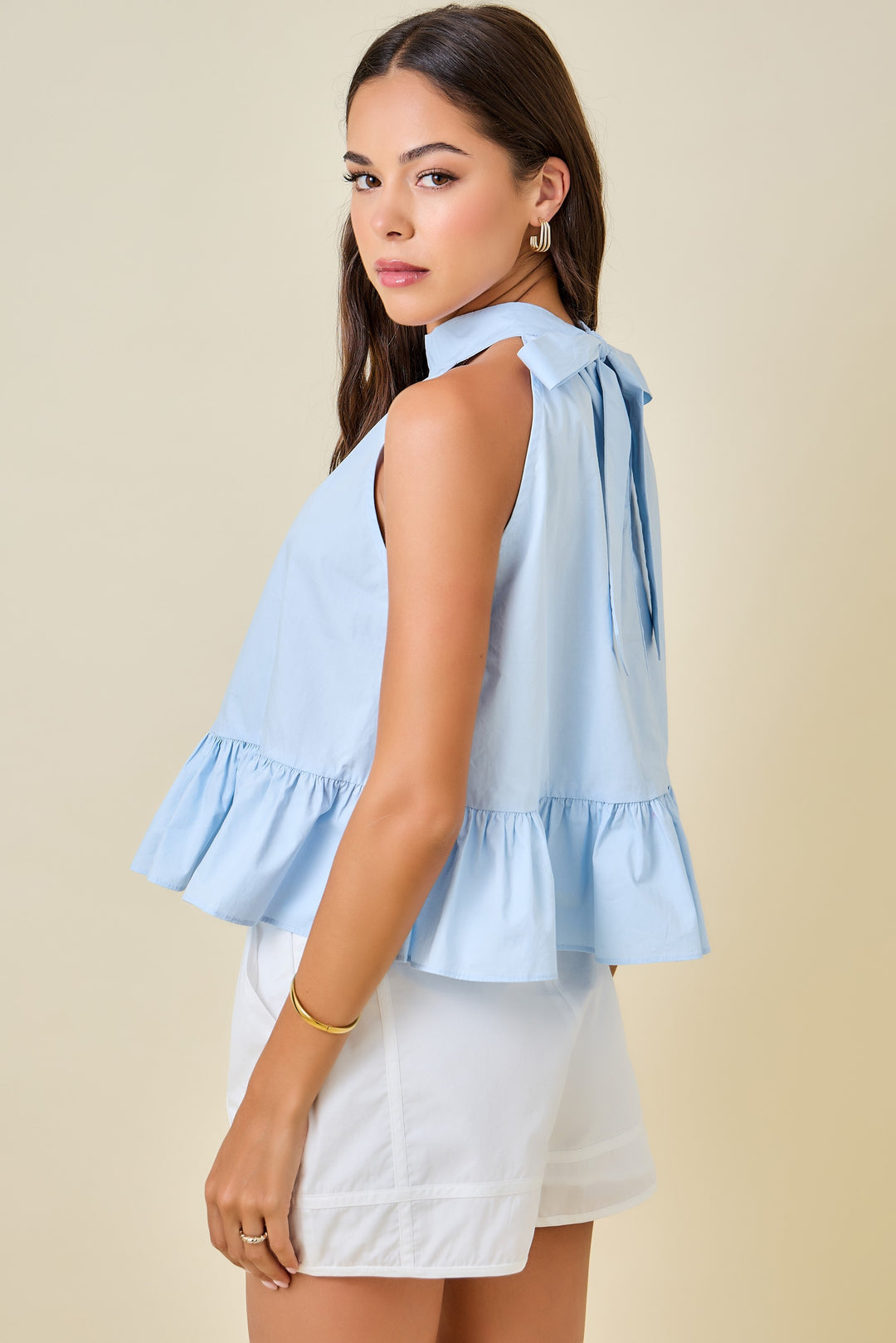Halter Neck Gathered Peplum Top w/ Back Tie Detail