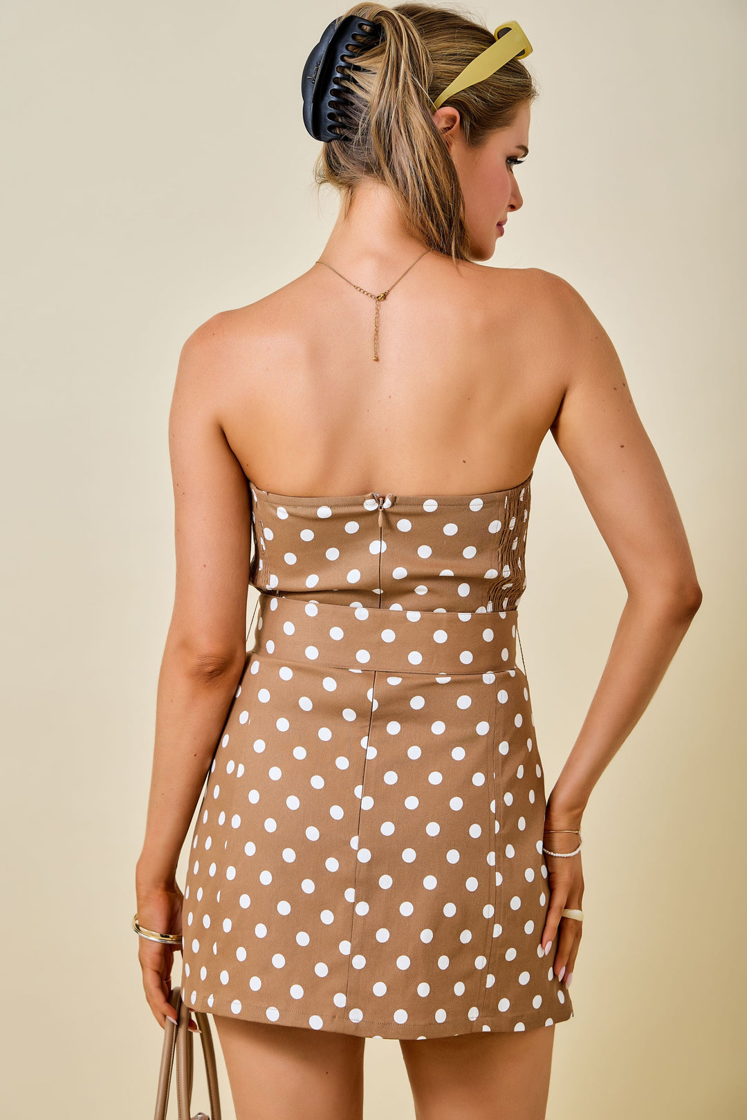 Strapless Polka Dot Denim Mini Dress With Belt