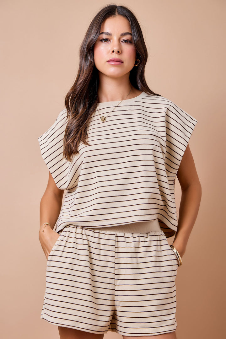 Boxy Stripe Sleeveless Lounge Top W/ Contrast Neck