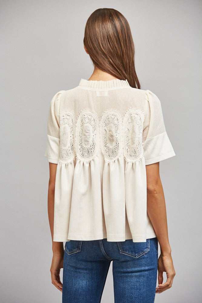 Lace Overlay Faux Suede Babydoll Top