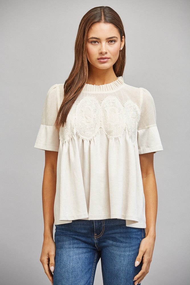 Lace Overlay Faux Suede Babydoll Top