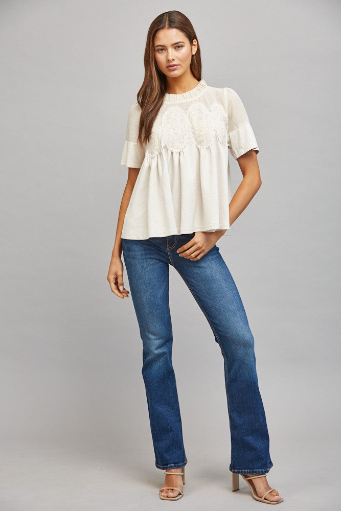Lace Overlay Faux Suede Babydoll Top