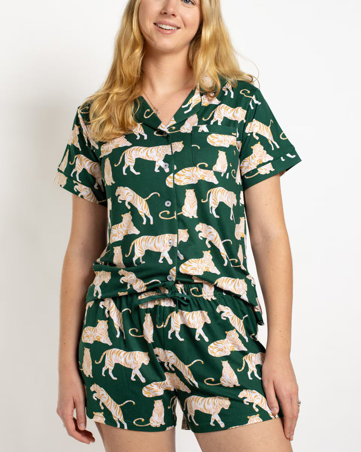 Chloe Tiger Short Sleeve Button Up Sleep Shirt