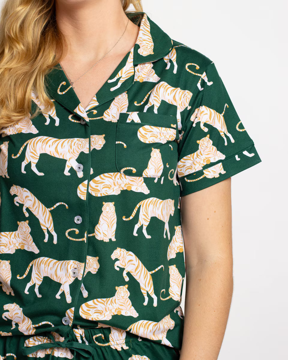 Chloe Tiger Short Sleeve Button Up Sleep Shirt