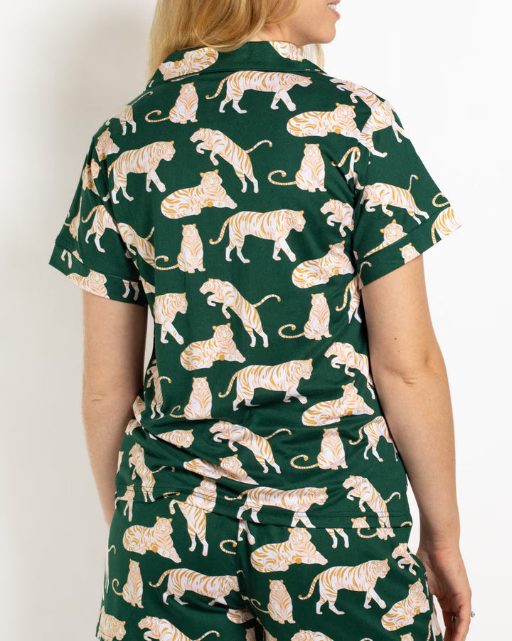 Chloe Tiger Short Sleeve Button Up Sleep Shirt