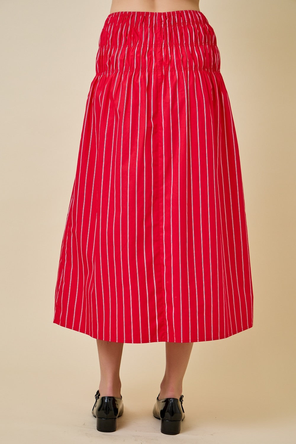Striped Poplin Flowy Midi Skirt With Smocked Waist