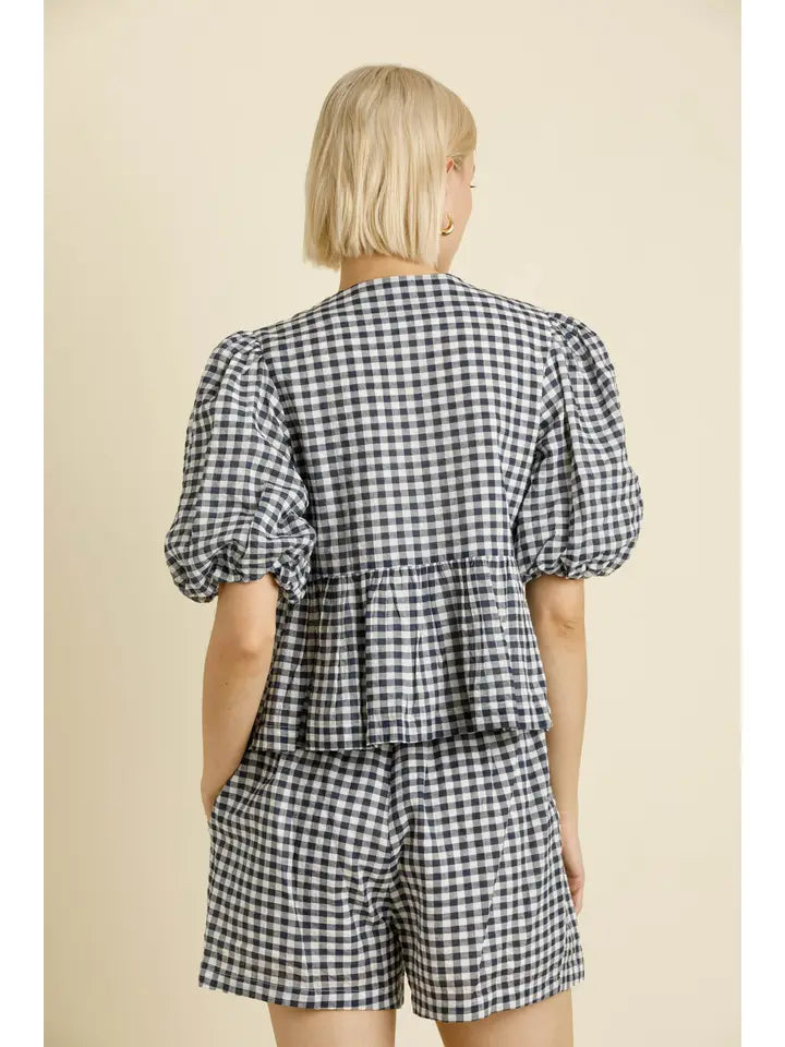 Navy White Gingham Open Front Blouse