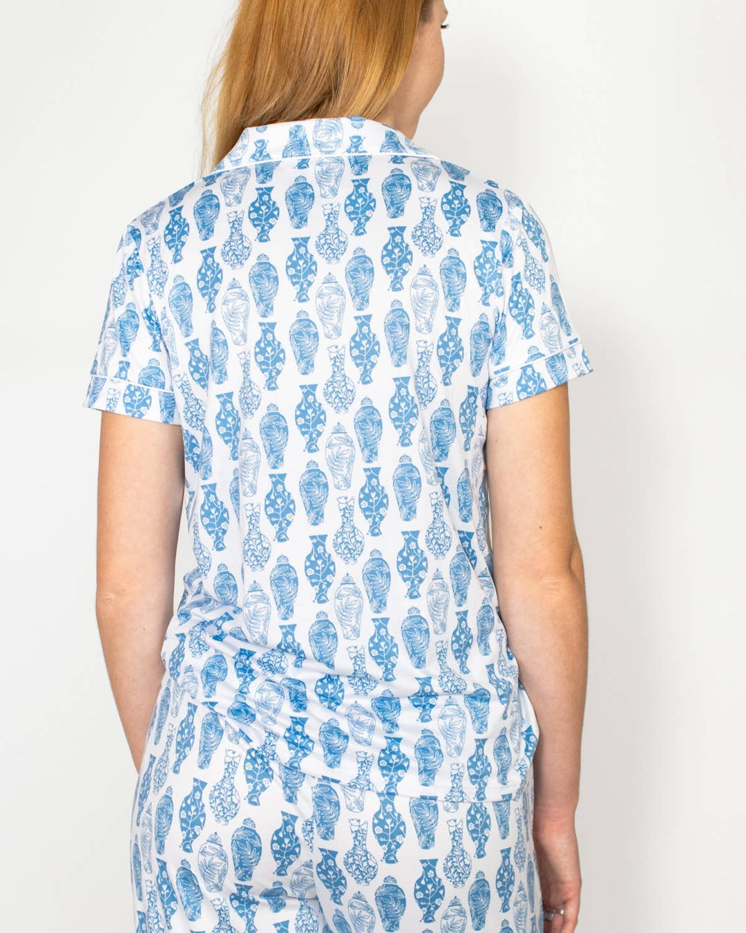 Claire ChinoiserieJar  Short Sleeve Button Up Sleep Shirt   White/Palace Blue