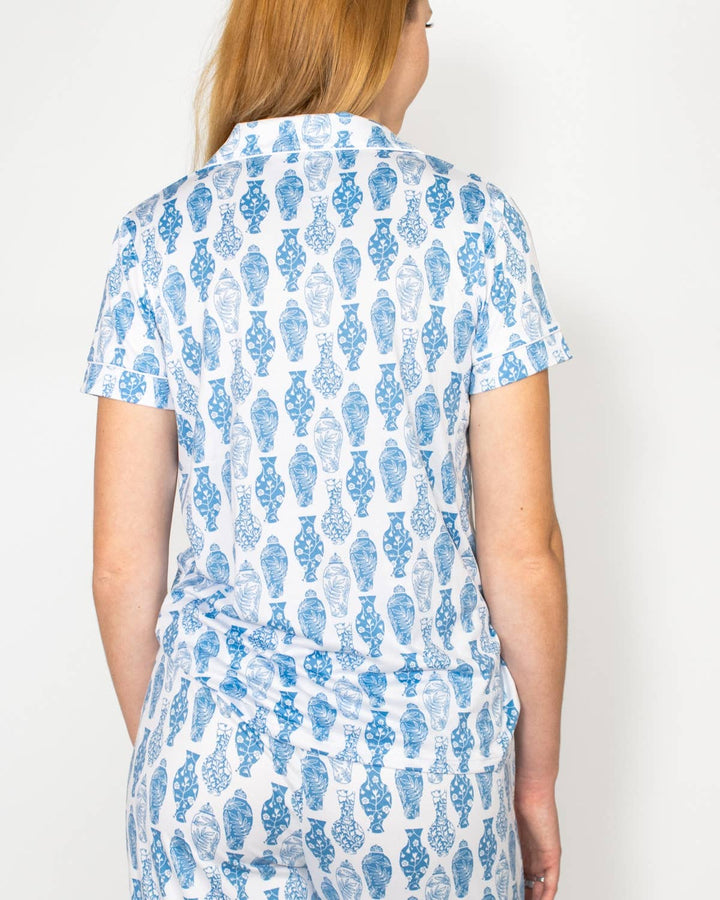 Claire ChinoiserieJar  Short Sleeve Button Up Sleep Shirt   White/Palace Blue