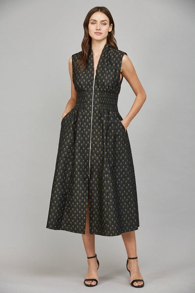 V-Neckline Front Zip-Up Midi Dress