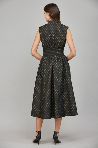 V-Neckline Front Zip-Up Midi Dress