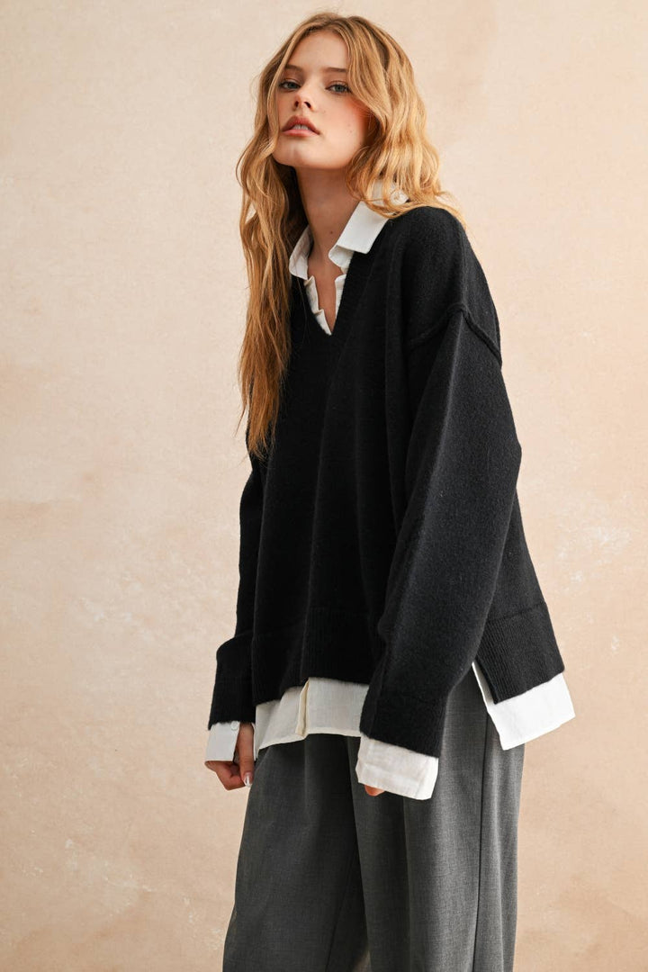 Sweater and Shirt Combo V-Neck Top
