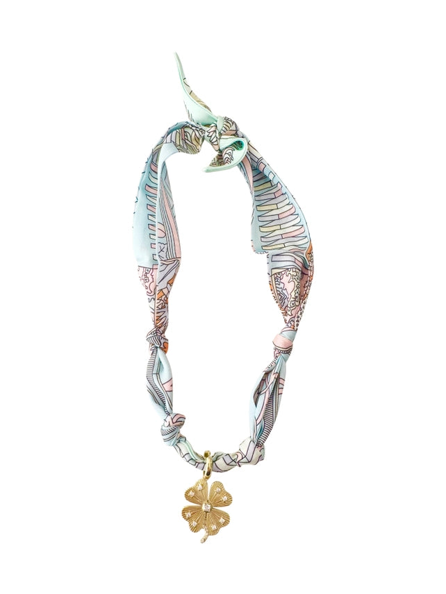 Knotted Pastel Blue and Green Print Scarf Necklace V