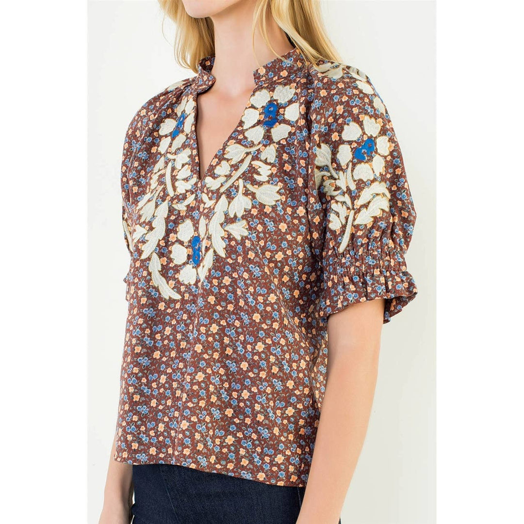 Floral Print Top With Embroidery