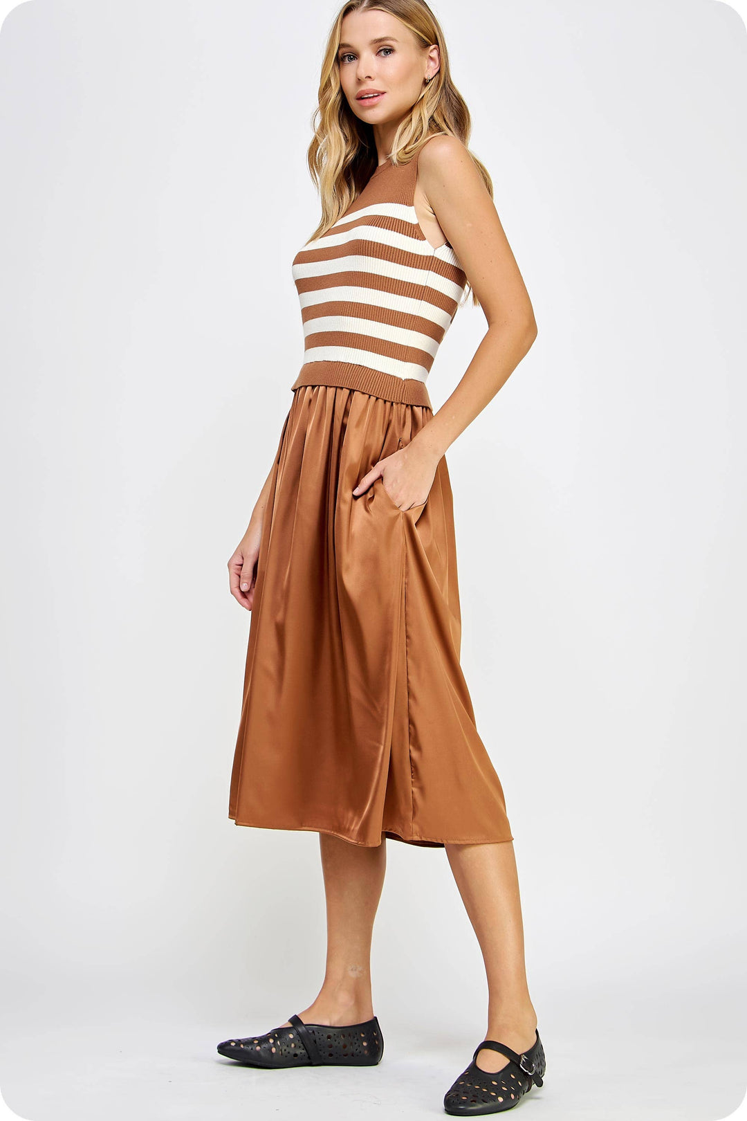 Sleeveless Striped Mixed Media Midi Dress