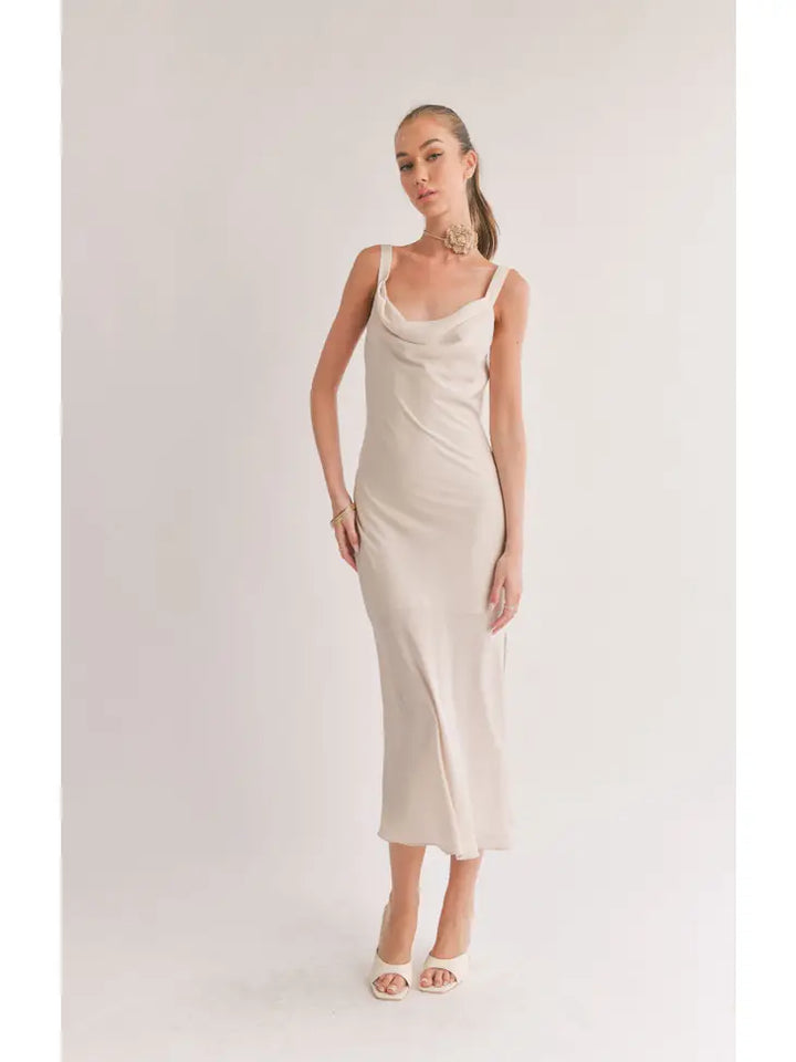 Silk Low Cowl Back Midi Dress