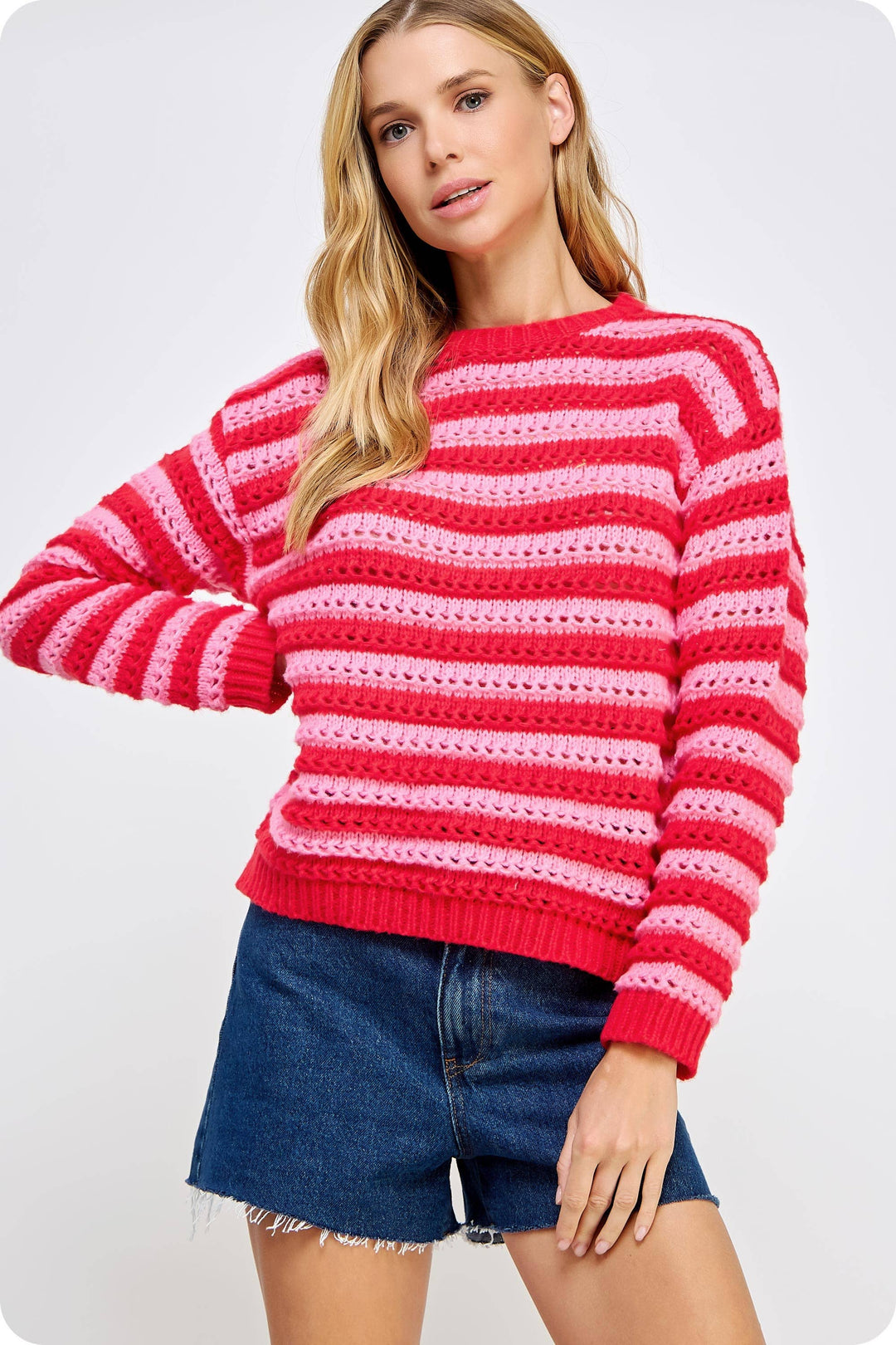 Striped Pointelle Knit Sweater