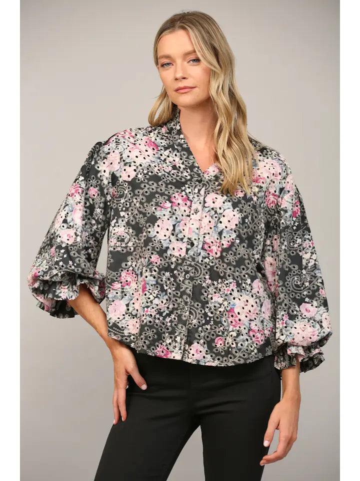 Floral Print Broderie Bubble Sleeve Blouse