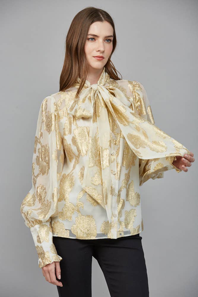 Metallic Jacquard Chiffon Blouse With Bow