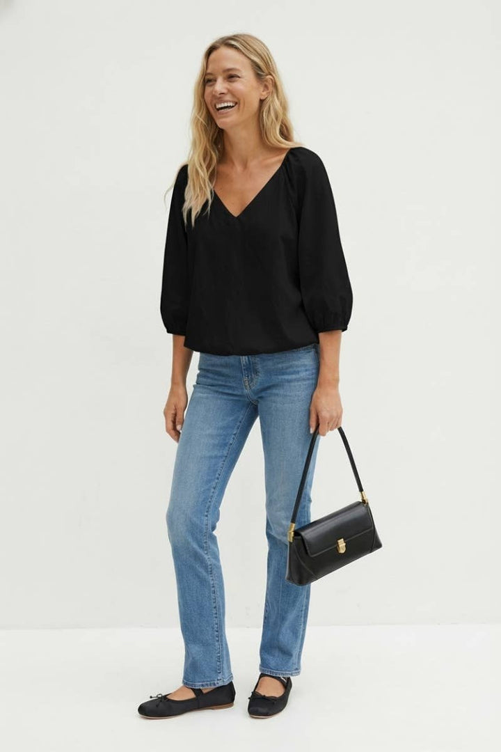 Elastic Puff Sleeve V-neck Blouse